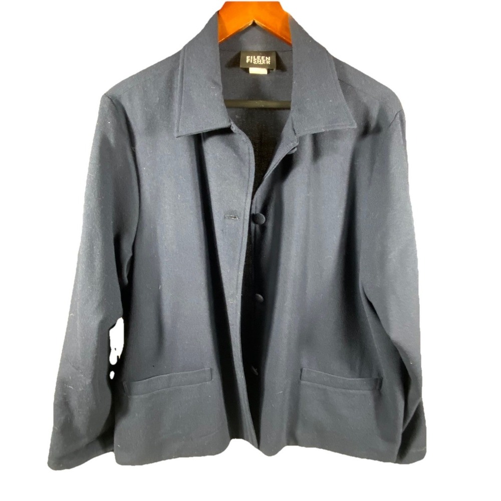 Eileen Fisher Womens Wool Blazer Large Collar Buttons Soft Cozy Navy Blue Career
